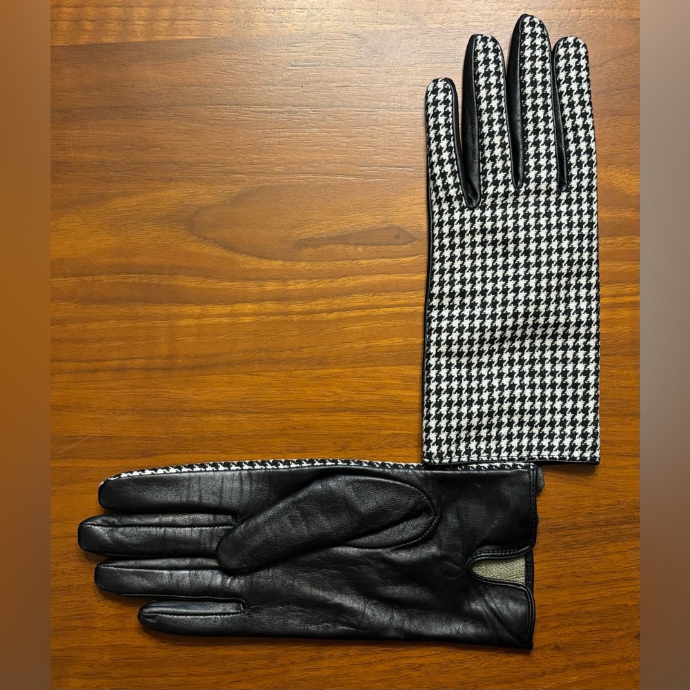 Worthington Black Leather Gloves with Black-and-White Houndstooth Back